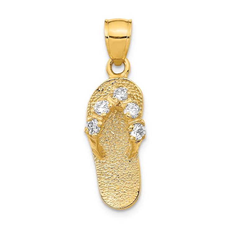 14k Yellow Gold 3D Textured Cubic Zirconia April Birthstone Flip Flop Pendant