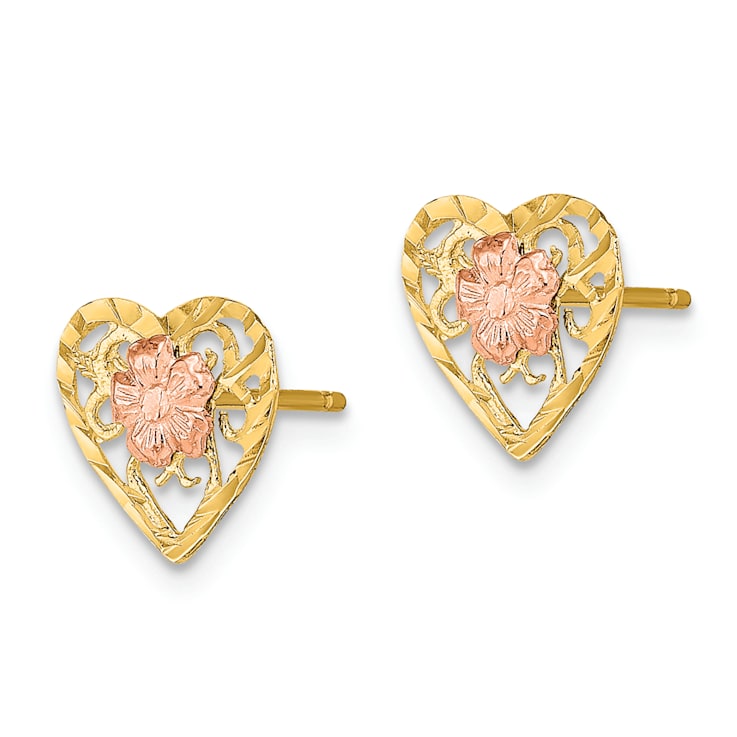 14K Yellow Gold and 14K Rose Gold Diamond-Cut Heart and Flower Stud Earrings