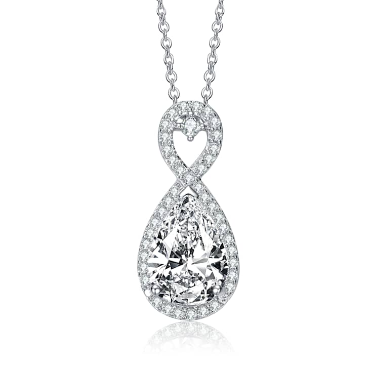 Pear Shape CZ Halo Pendant Necklace In Sterling Silver