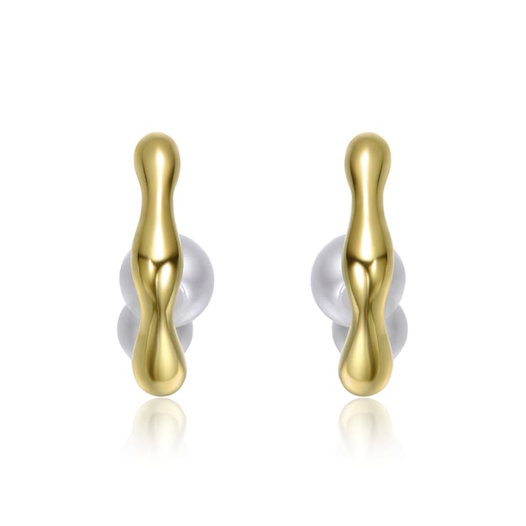 Curved Pearl Simulant Huggie Earrings In 14K Gold Over Brass