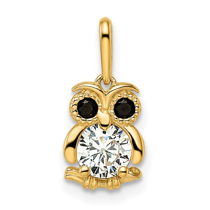 14K Yellow Gold Black and White Cubic Zirconia Owl Pendant