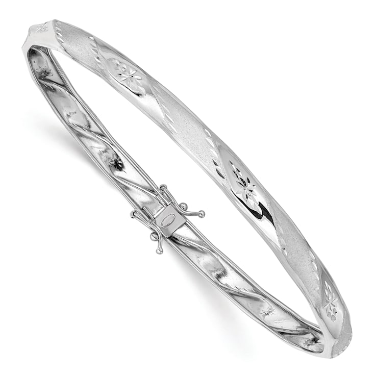Rhodium Over 14K White Gold Polished Satin Diamond-cut Flexible Bangle