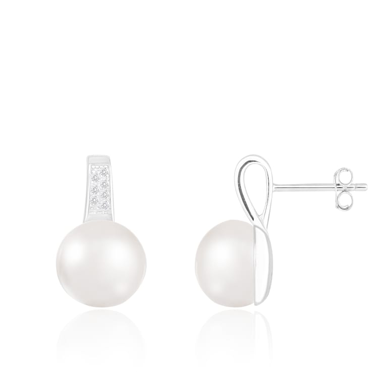 10.5-11mm White Cultured Freshwater Pearl Rhodium Over Sterling Silver Earrings