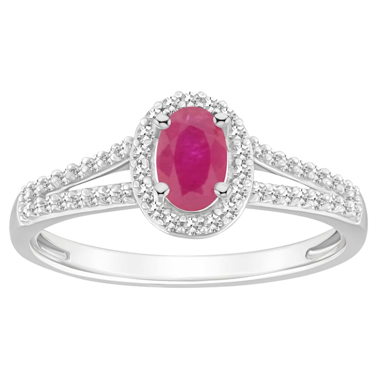 6x4mm Oval Ruby 1/4 ctw Diamond Rhodium Over Sterling Silver Halo Ring