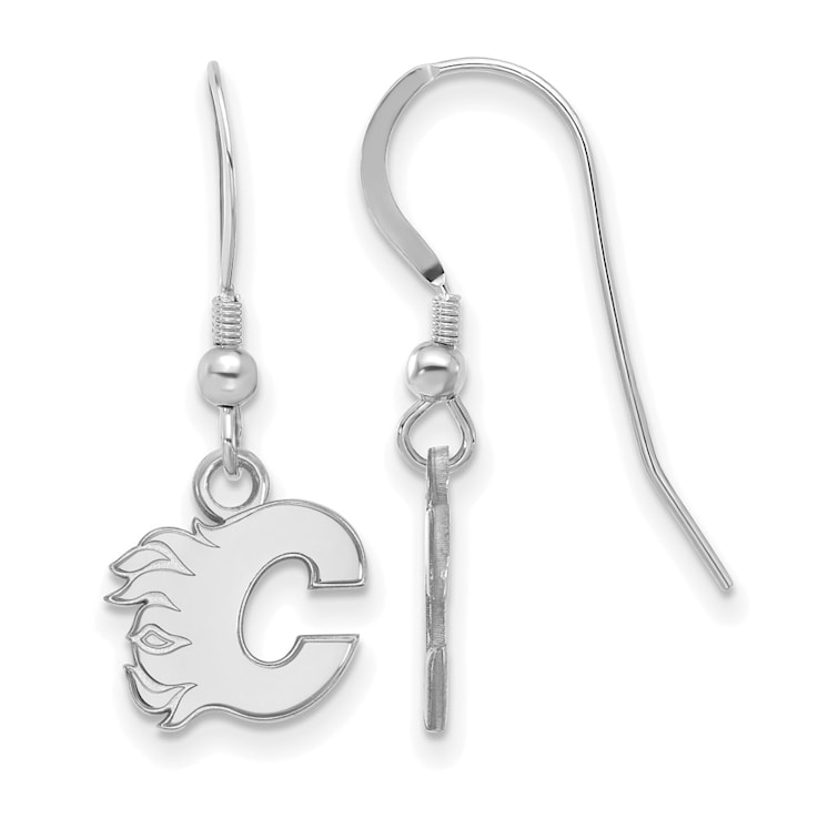 Rhodium Over Sterling Silver NHL Calgary Flames LogoArt Dangle Earrings