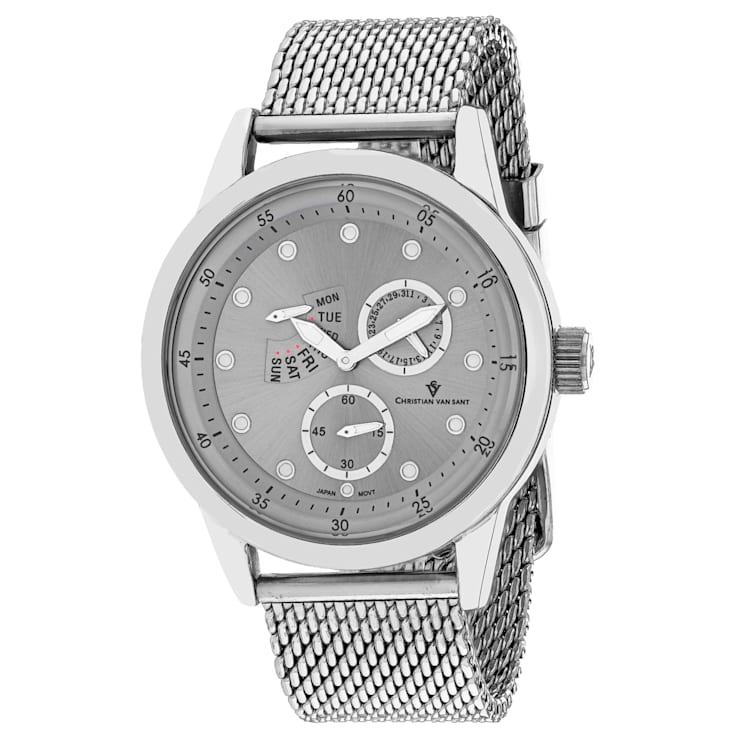 Christian Van Sant Men's Rio Gray Dial, Silver-tone Mesh Stainless Steel Watch