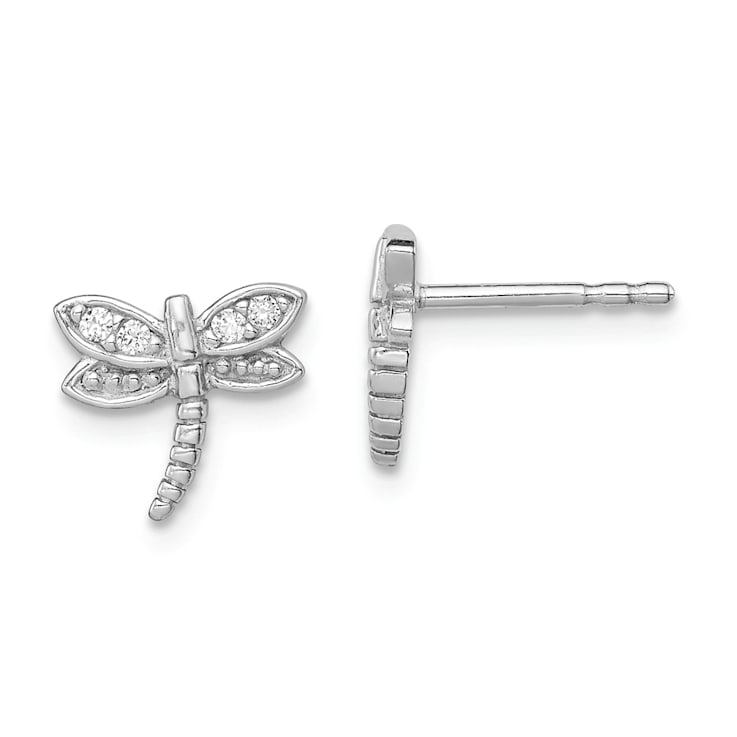 Rhodium Over Sterling Silver Polished Cubic Zirconia Dragonfly Post Earrings
