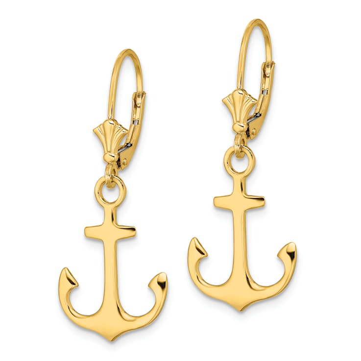 14K Yellow Gold 2D Polished Anchor Dangle Earrings
