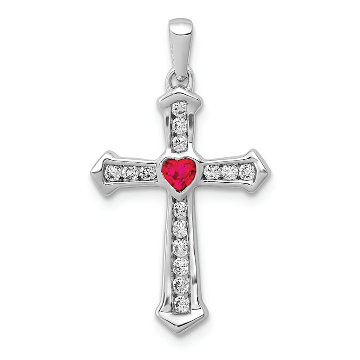 Rhodium Over 14k White Gold Ruby and Diamond Heart Cross Pendant