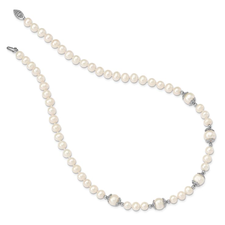 Rhodium Over Sterling Silver 6-9mm Freshwater Cultured Pearl 5-station Necklace