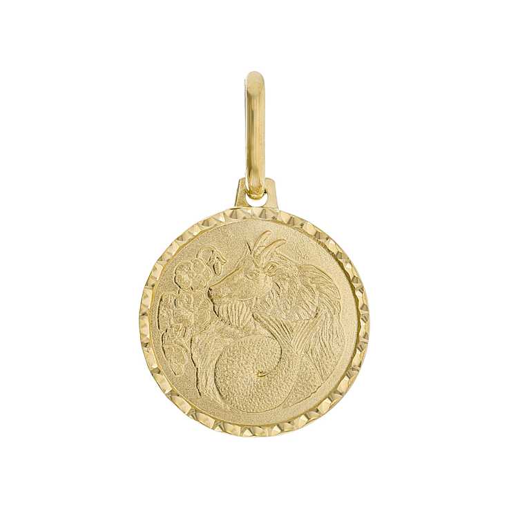 Capricorn Zodiac Medallion Pendant In Solid 14K Yellow Gold