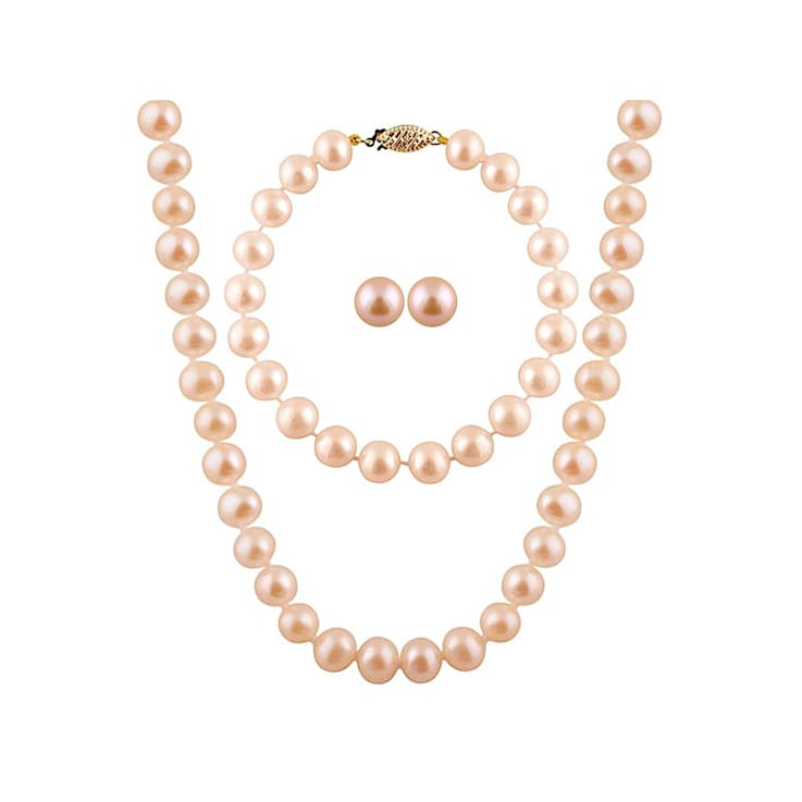7-7.5mm Pink Cultured Freshwater Pearl 14k Yellow Gold Jewelry Set