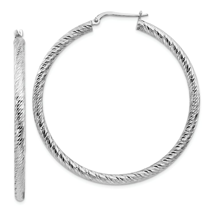 Rhodium Over 14k White Gold Diamond-cut 1 15/16" Round Hoop Earrings