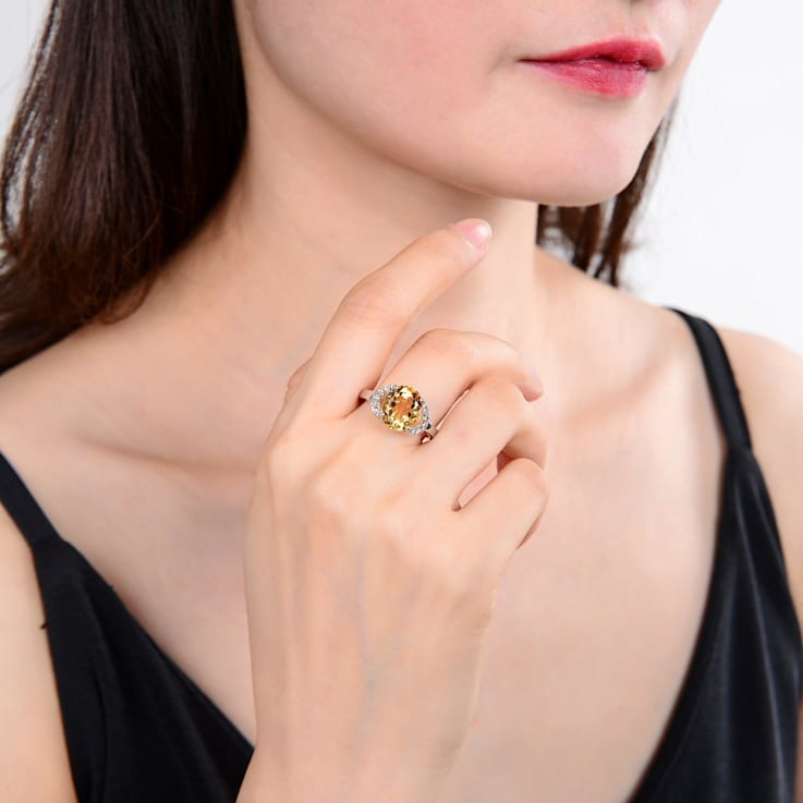 Oval Citrine with White Topaz Accents Sterling Silver Ring, 3.90ctw