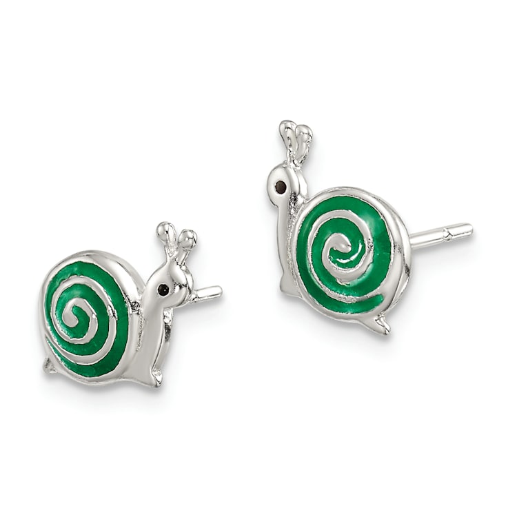 Sterling Silver Polished Green and Black Enameled Snail Post Earrings