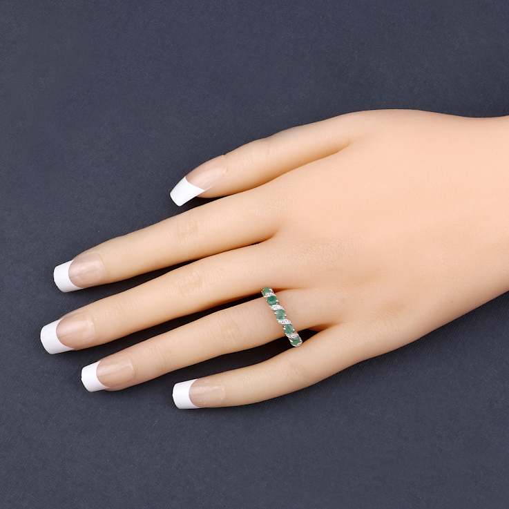 Green Emerald and White Topaz Sterling Silver 5 Stone Band Ring