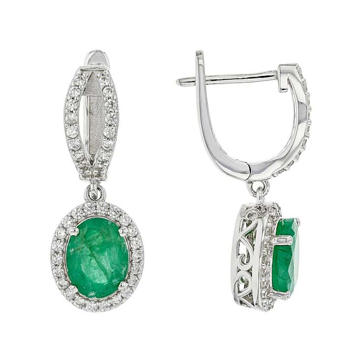 Emerald And Zircon Drop Earrings In Sterling Silver