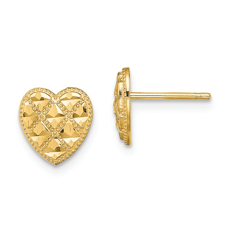14K Yellow Gold Criss-Cross with Diamond-Cut 8mm Heart Stud Earrings
