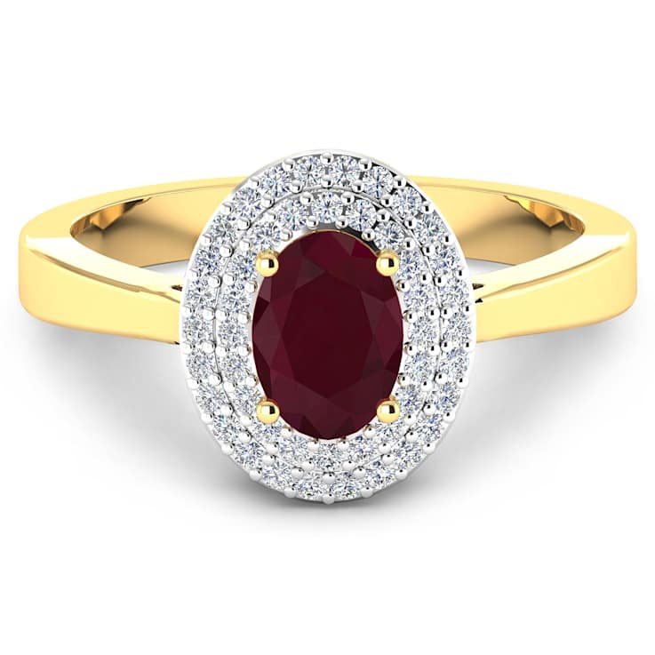 1.11ctw Red Ruby and Diamond 14K Yellow Gold Halo Ring