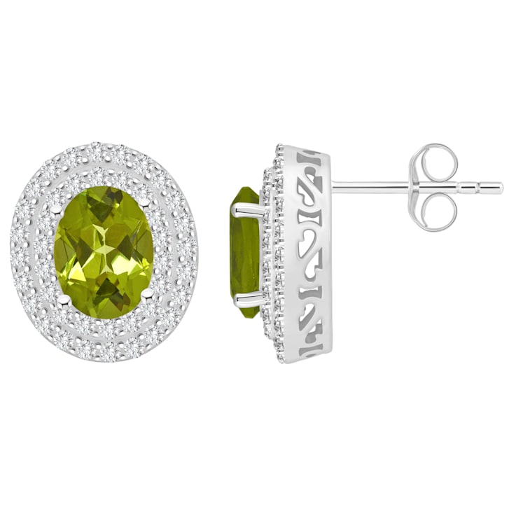 8x6mm Oval Peridot And White Topaz Accent Rhodium Over Sterling Silver
Double Halo Stud Earrings