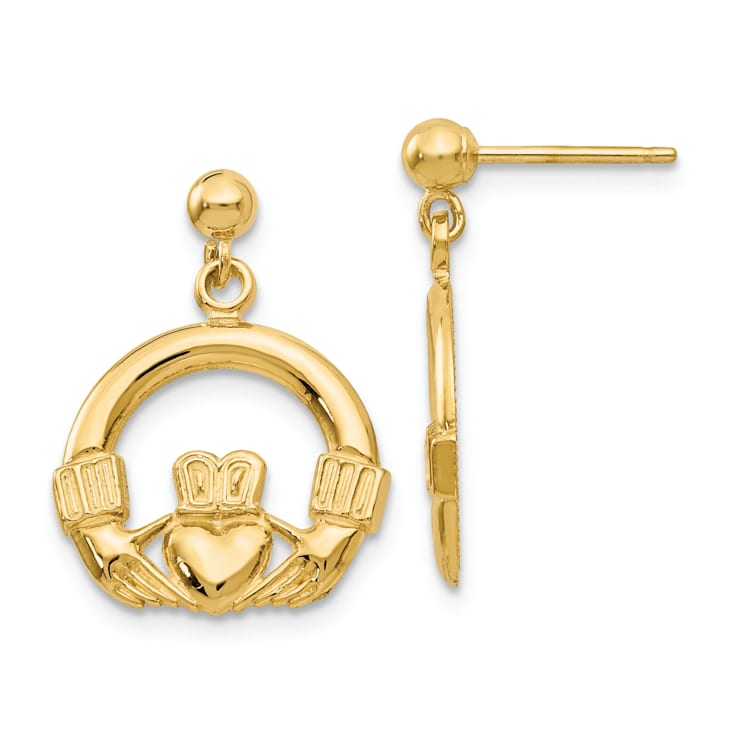 14k Yellow Gold Dangling Claddagh Earrings