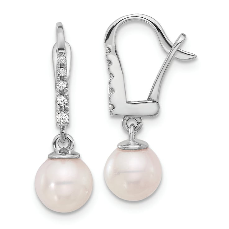 Rhodium Over 14K White Gold 6-7mm Round White Akoya Cultured Pearl and
0.085ctw Diamond Earrings