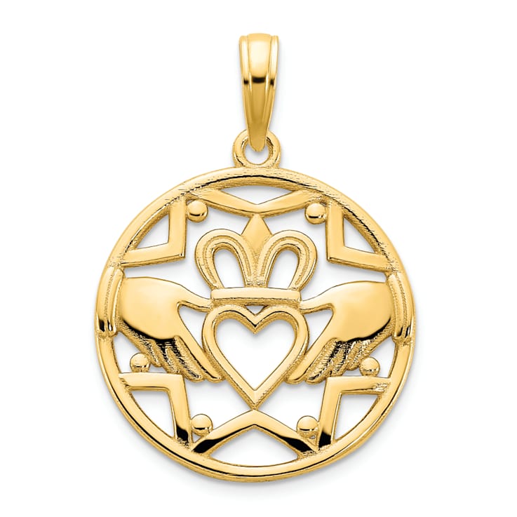 14k Yellow Gold Polished Claddagh Circle Pendant