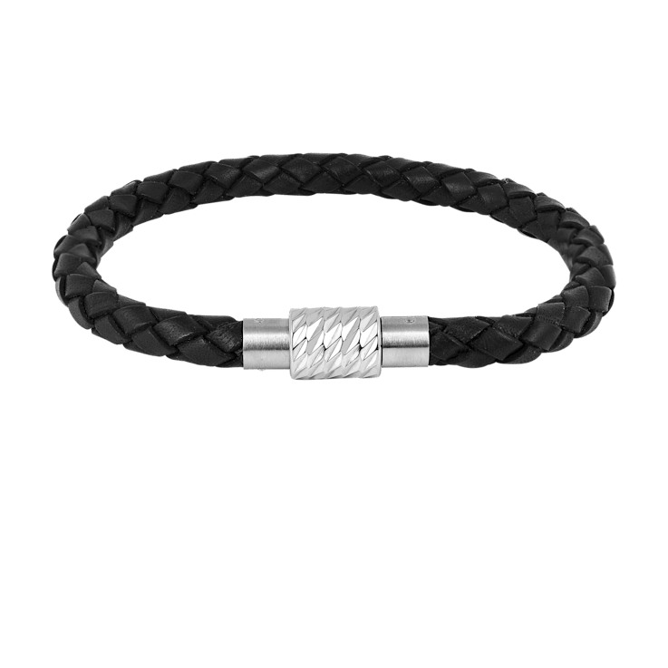 Mens Black Leather Braided Rope Bracelet with Stainless Steel Magnetic Closure