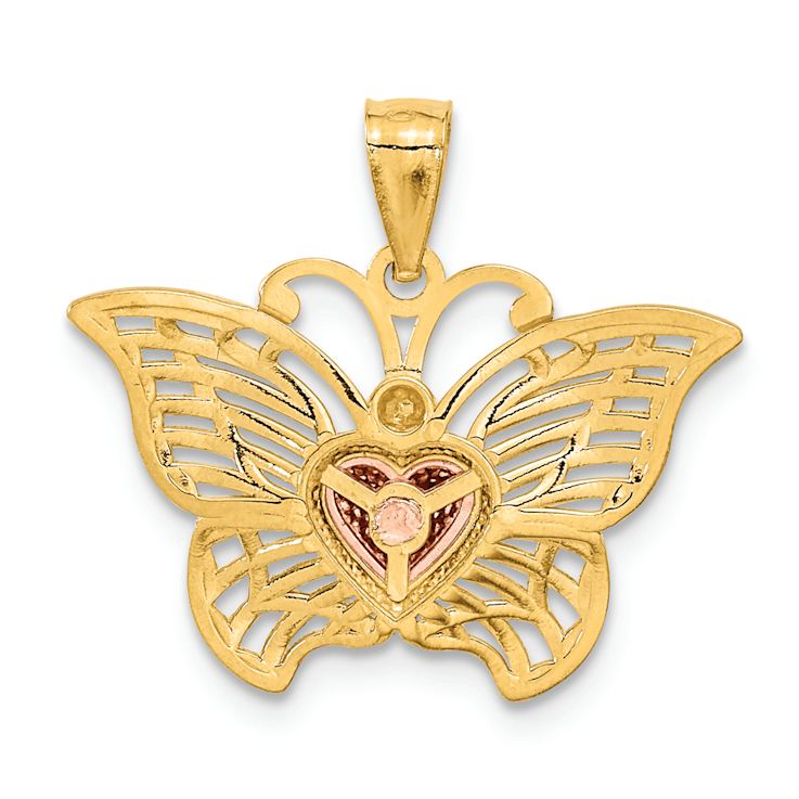 14k Two-tone Gold with Rhodium Over 14k Yellow Gold Butterfly with Heart Pendant