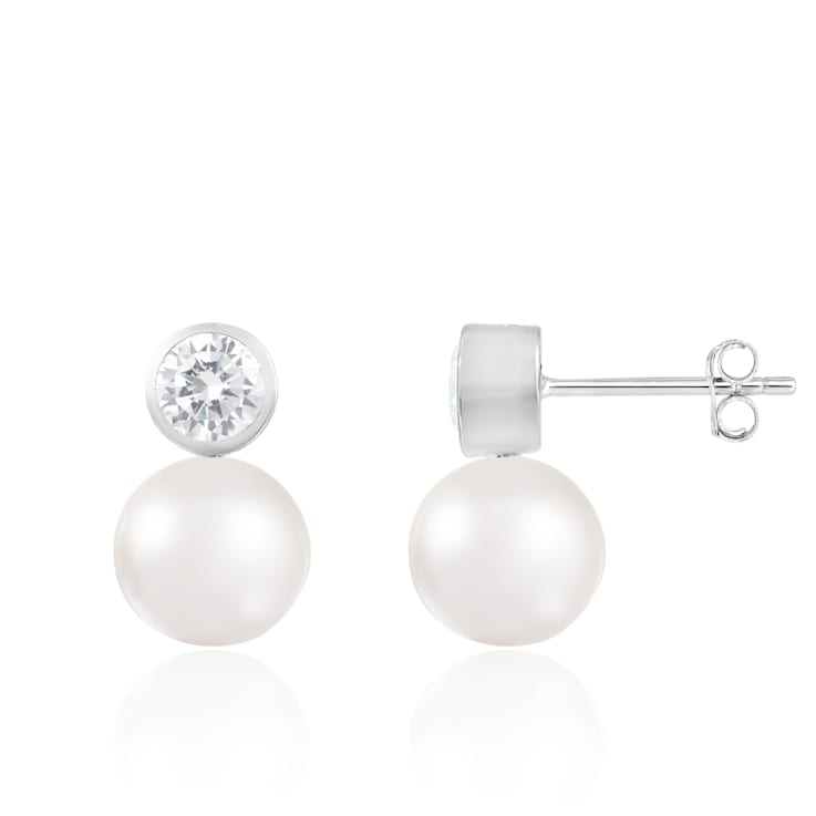 7.5-8mm White Cultured Freshwater Pearl Rhodium Over Sterling Silver Earrings
