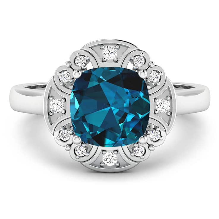 London Blue Topaz and White Diamond 14K White Gold Halo Ring 2.24 ctw