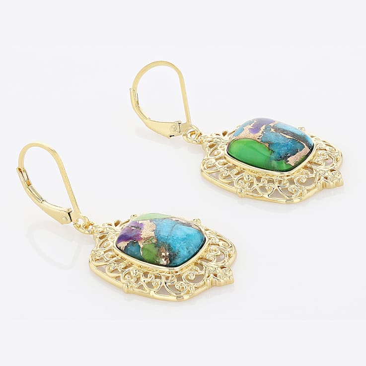 Multi-Color Blended Turquoise and Filigree Earrings In 18K Gold Over
Sterling Silver 12x10mm
