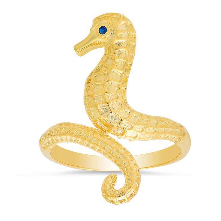 Blue Cubic Zirconia 14k Yellow Gold Over Sterling Silver Seahorse Ring 0.02ctw