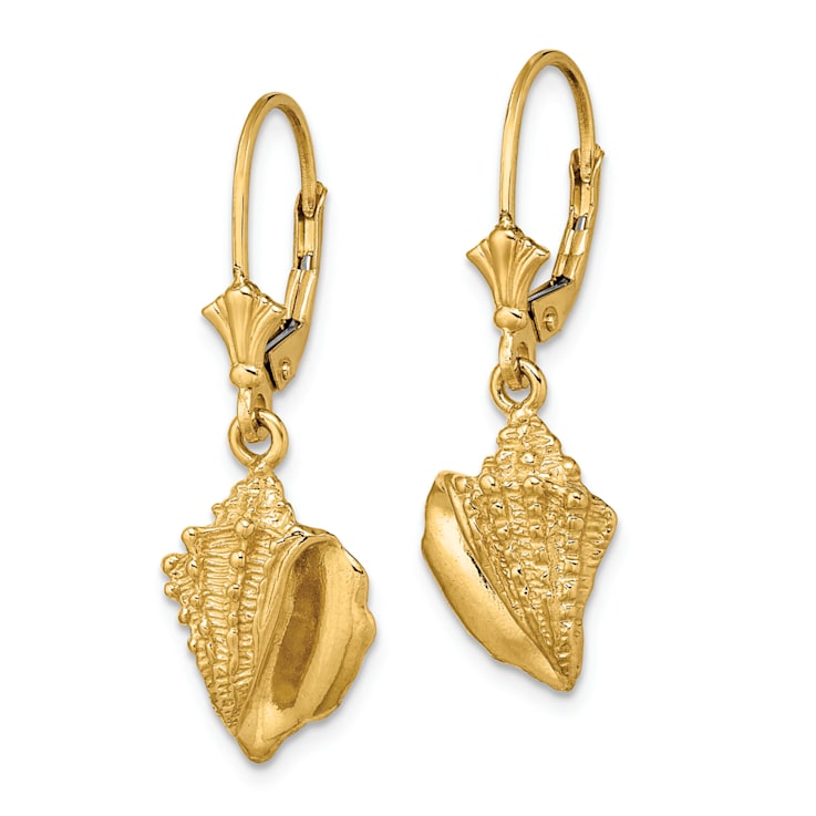 14k Yellow Gold Textured Conch Shell Dangle Earrings
