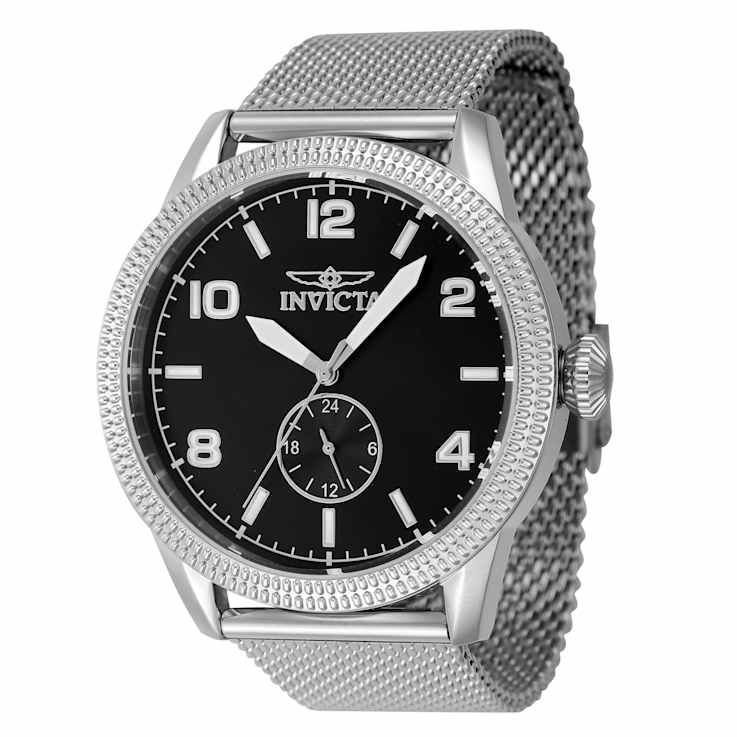 Invicta Vintage 44mm Black Dial Stainless Steel Mesh Band Quartz Watch