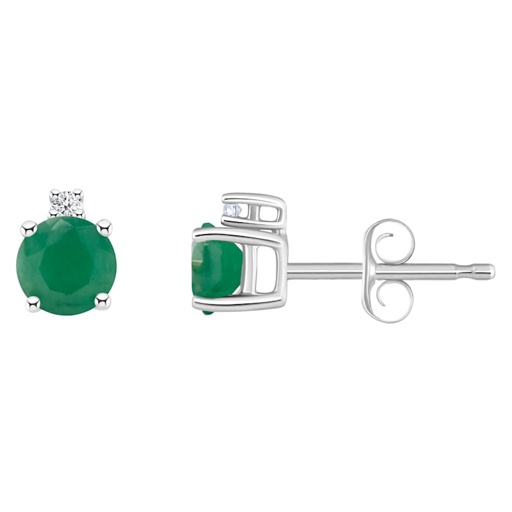 4mm Round Emerald with Diamond Accents 14k White Gold Stud Earrings