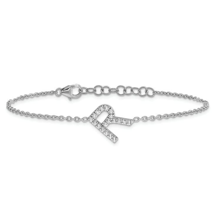 Rhodium Over 14k White Gold Diamond Sideways Letter R Bracelet