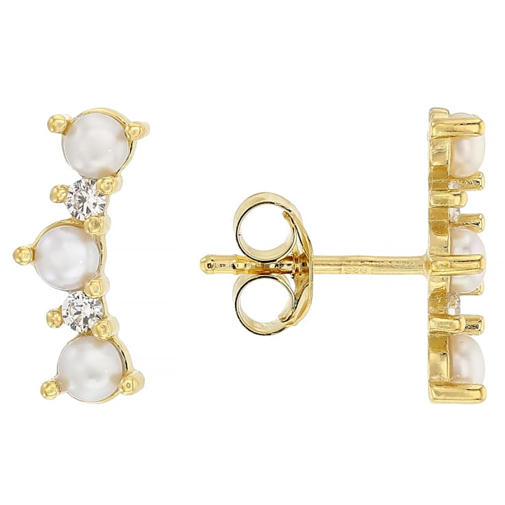 Pearl And CZ Ear Climbers In 14K Gold Over Sterling Silver