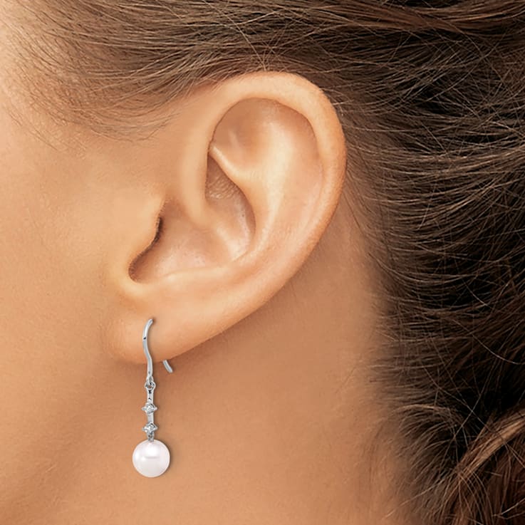 Rhodium Over 14K White Gold 7-8mm white Akoya Cultured Pearl 0.04ctw
Diamond Shepherd Hook Earrings