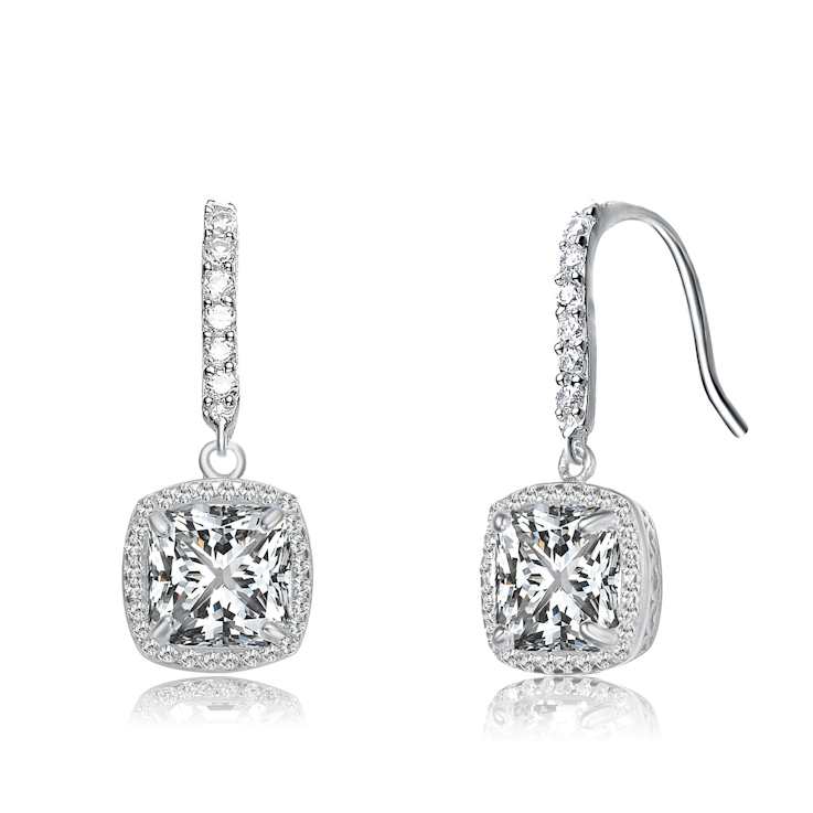 CZ Halo Drop Earrings In Rhodium Over Brass