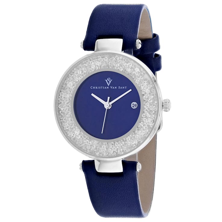 Christian Van Sant Women's Dazzle Blue Dial, Blue Leather Strap Watch