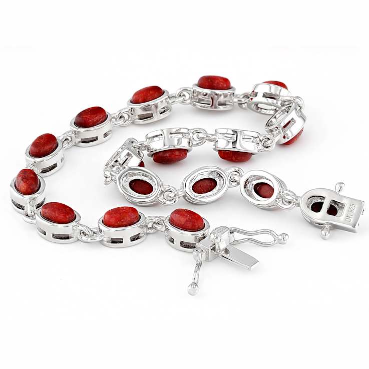 Red Coral Tennis Bracelet In Sterling Silver 6x4mm