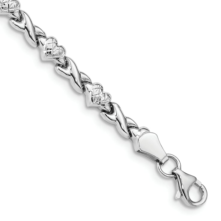 Rhodium Over 14K White Gold Polished Heart and X Bracelet