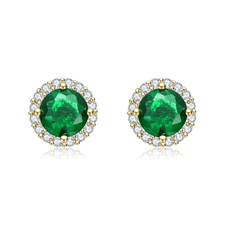 Emerald Color CZ Halo Stud Earrings In 14K Gold Over Brass