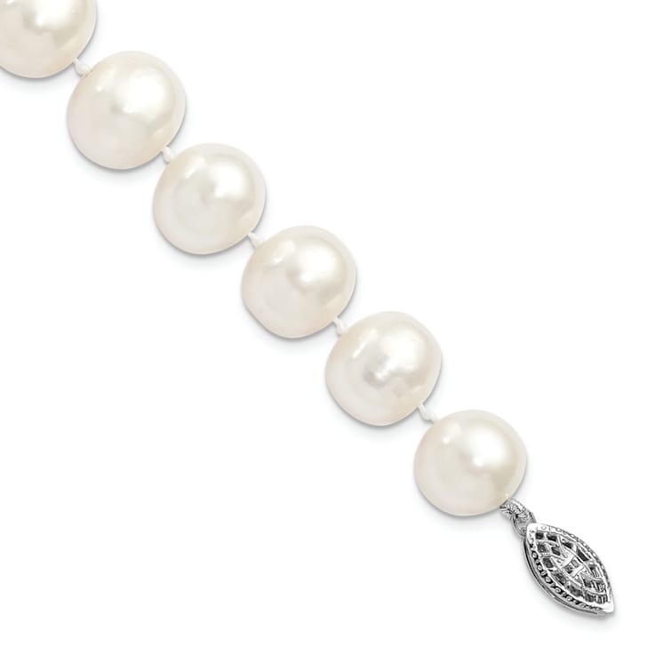 Rhodium Over Sterling Silver 11-12mm White Freshwater Cultured Pearl Bracelet