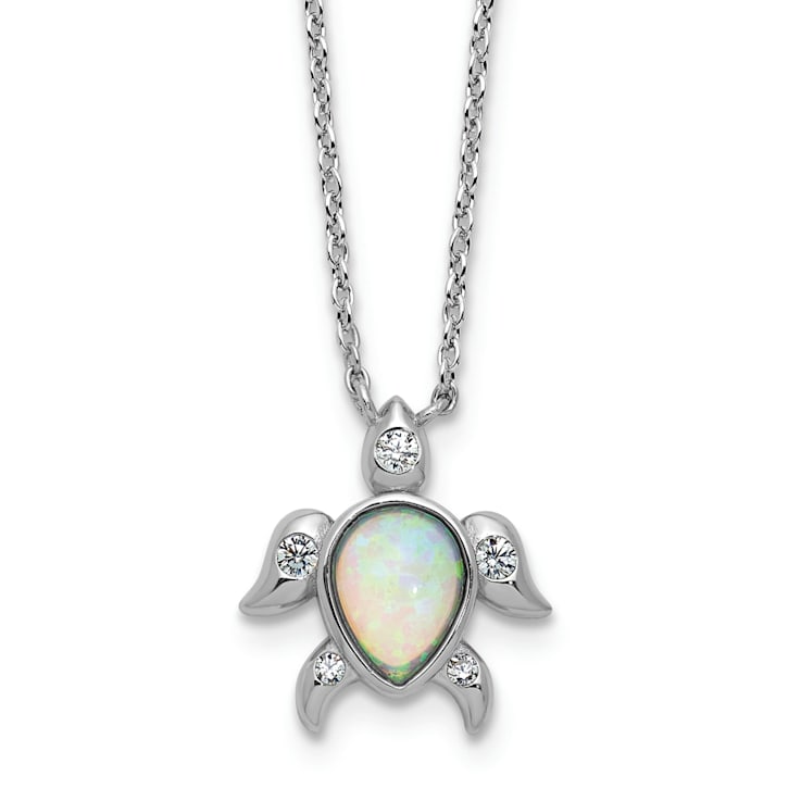 Rhodium Over Sterling Silver Lab Created Opal and Cubic Zirconia Turtle Necklace