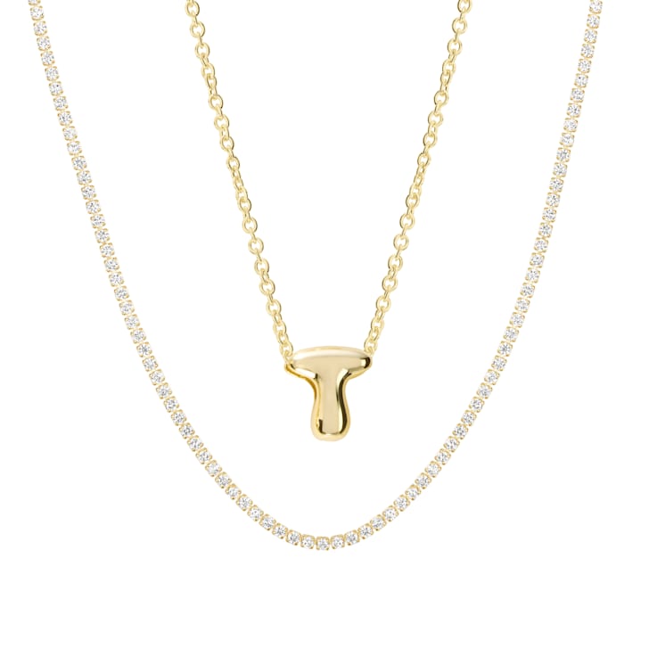 CZ Initial T Tennis Necklace And Pendant Set In 14K Gold Over Brass 4.05ctw