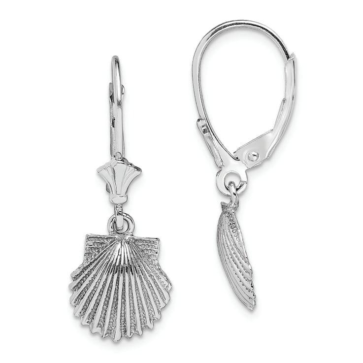 Rhodium Over 14k White Gold Textured Scallop Shell Dangle Earrings
