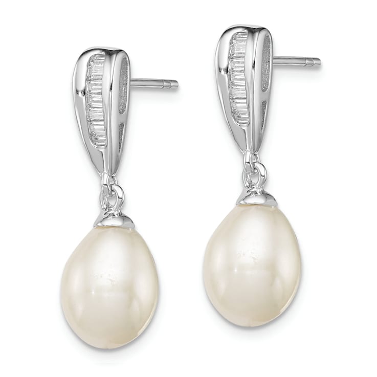 Rhodium Over Sterling Silver 7-8mm White Freshwater Cultured Pearl Cubic
Zirconia Dangle Earrings