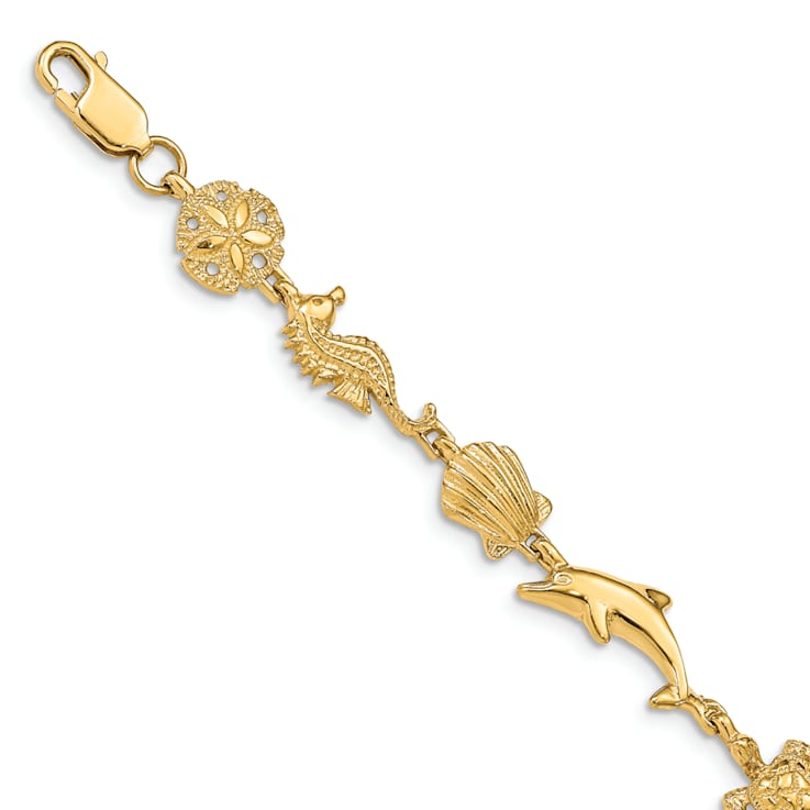 14k Yellow Gold Textured Sea Life Link Bracelet